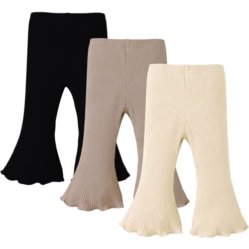 SOBOWO Baby Girl Flare Pants 3 Pack Toddler Solid Ribbed Ruffle Bell Bottoms Pants Trousers Fall Outfits - 6-9 Months - Black/Beige/Brown