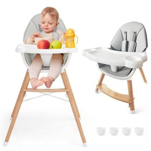 Infans Baby High Chair Wooden Feeding Chair w/ 4-Gear Tray & Removable Cushion
