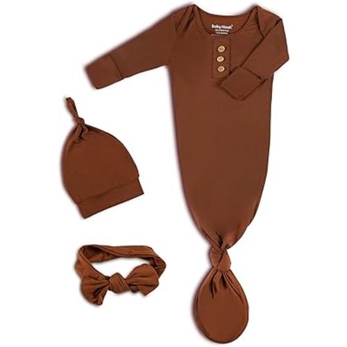 Newborn Baby Knotted Gown, Super Soft Silky Infant Sleeper, Baby Girl Sleep Gown with Mittens, Bow, and Hat Set