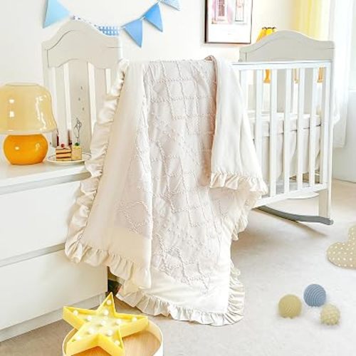 Crib Bedding Set for Girls, 3 Pieces Baby Crib Bedding Set Newborn, Mini Tufted Jacquard Ruffle Fringe Boho, Infant & Nursery with Comforter, Crib Fitted Sheet and Crib Skirt, Beige