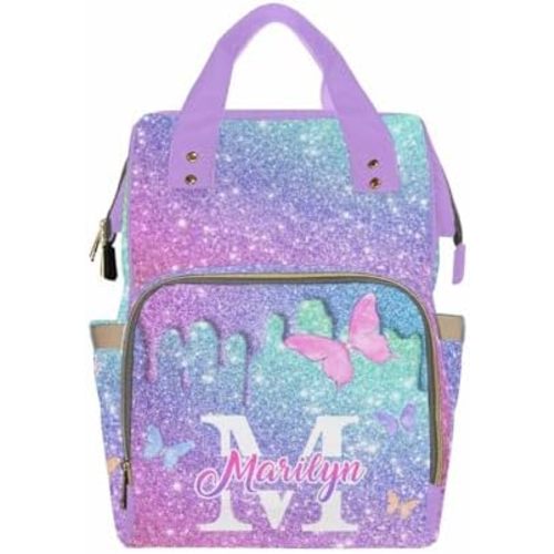 D-Story Customize Diaper Bag Nappy Daypack Expandable with Adjustable Shoulder Straps Nappy Daypack African Men Customized Name Gift For Baby Mom Gift, Neon Butterfly