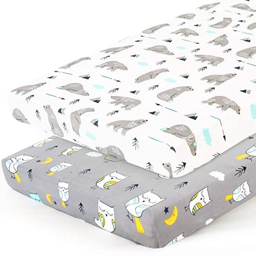Stretchy-Pack-n-Play-Playard-Sheets-Brolex 2 Pack Portable Mini Crib Sheets,Convertible Playard Mattress Cover for Baby Boys Gilrs,Ultra Soft Jersey Knit,Owl & Bear