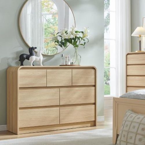 SinCiDo Modern 7 Drawers Dresser 47" Wide Chests of Drawers w/ Curved Profile Design Natural Texture for Bedroom, Living Room, Natural