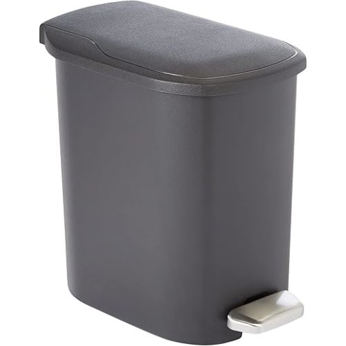 Amazon Basics Compact Plastic Bathroom Trash Can with Hands Free Foot Pedal, Quiet Close Step-On, 6 Liters, Black, Lid Included