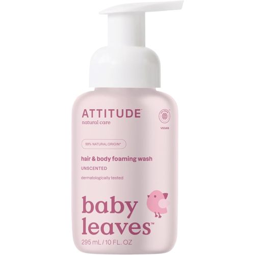ATTITUDE 2-in-1 Hair and Body Foaming Baby Wash, EWG Verified Shampoo Soap, Dermatologically Tested, Made with Naturally Derived Ingredients, Vegan, Unscented, 295 mL