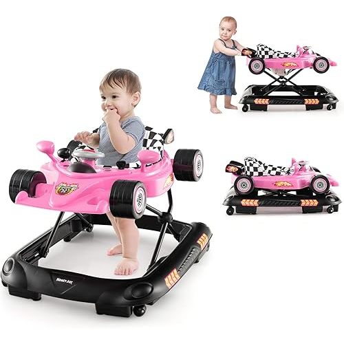 HONEY JOY Baby Walker, 4-in-1 Foldable Infant Activity Push Walker, Toddler Car Walker w/Adjustable Heights, Music, Lights, Removable Tray, Baby Walker with Wheels for Boys Girls 7-14 Months (Pink)