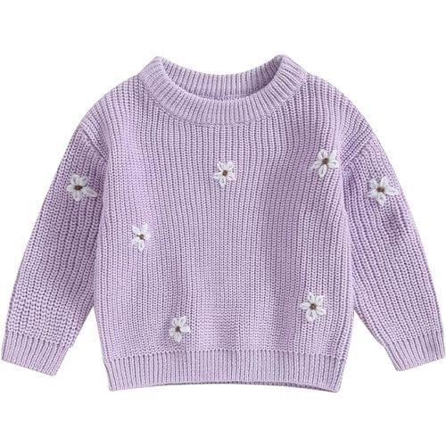 Karwuiio Toddler Baby Girl Boy Knit Sweater Round Neck Long Sleeve Pullover Sweatshirt Fall Winter Clothes - 0-3 Months - Flower Purple