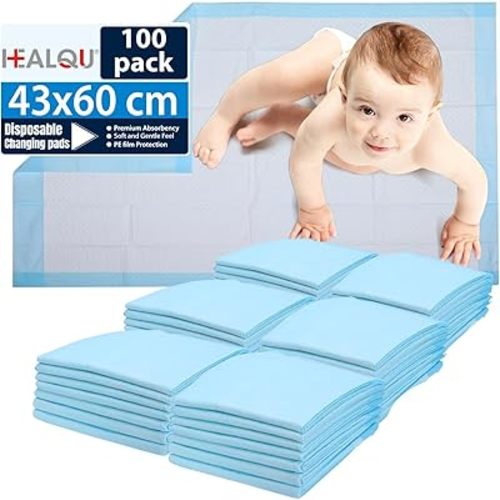 Healqu 100 Pack,Disposable Baby Changing Pad Liners - 17x24 Inches Super Soft, Absorbent and Waterproof - Mess-Free Baby Diaper Changes on Every Surface