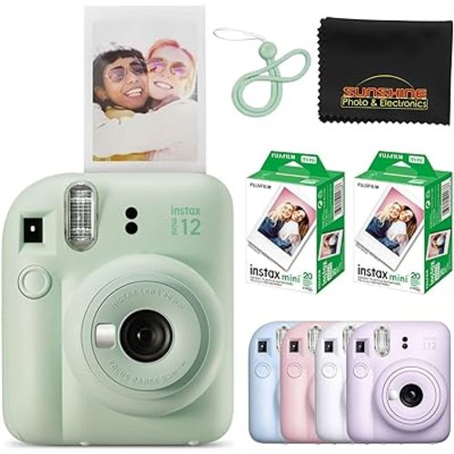 Fujifilm Instax Mini 12 Instant Camera Mint Green with 40 Sheets Fujifilm Instax Mini Film Bundle, Sunshine Photo Microfiber Cleaning Cloth Included