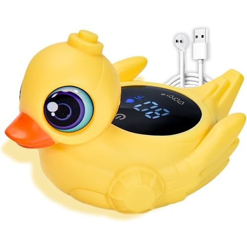 Duck-Shaped Baby Bath Thermometer with Floating Toys - Digital Water & Room Temperature Monitor, Rechargeable Thermometer with Alerts for Newborn Bath Essentials, Infant Safety