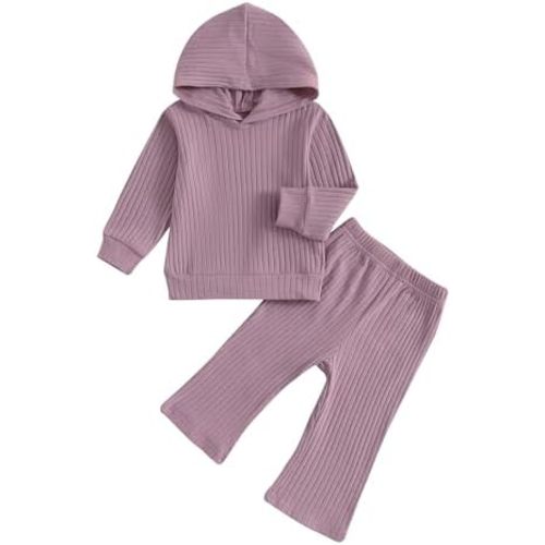 Toddler Baby Girl Clothes Ribbed Long Sleeve Hooded Sweatshirts and Bell Bottoms Pants Infant Fall Winter Outfit