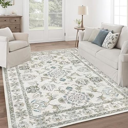 5x7 Washable Area Rugs Beige and Sage Green Vintage Boho Floral Farmhouse Rug for Living Room Bedroom, Non Slip Low Pile Carpet