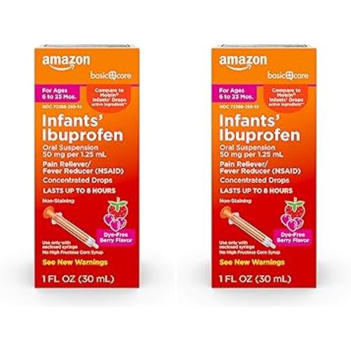 Amazon Basic Care Infants’ Ibuprofen Oral Suspension, 50 mg/1.25 mL, Berry Flavor Concentrated Drops, Dye-Free, 1 fl oz (Pack of 2)