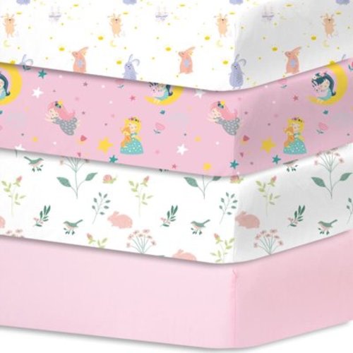 Little Grape Land Crib Sheets for Baby Girls 4 Pack, 28"x 52" Extra Soft Microfiber Crib Sheet Set for Standard Crib & Toddler Mattress Pad, Rabbit & Dreaming in Wonderland & Spring & Pink