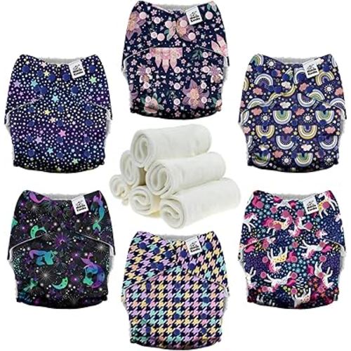 Mama Koala 3.0 Cloth Diapers for Babies with AWJ Lining, 6 Pack with 6 Natural Cloth Diaper Inserts - Reusable and Washable Pocket Diapers (Beautiful Fairy Tale)