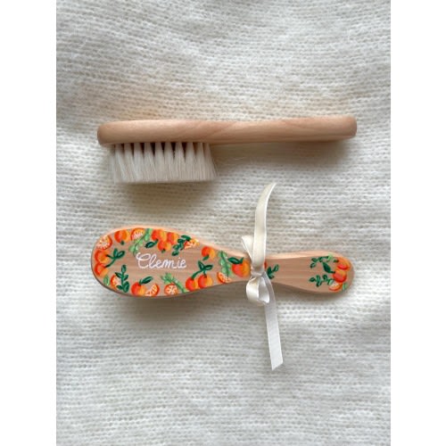 Personalised Hand-Painted Baby Hair Brush | Unique & Custom Baby Gift | Newborn Keepsake | Valencia Oranges | Natural Soft Brush