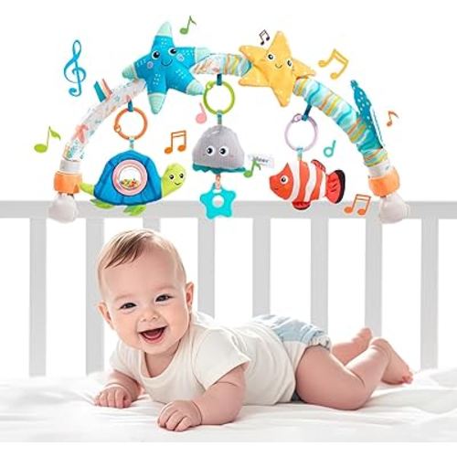 Jollybaby Musical Bassinet Stroller Crib Mobile Toy for Baby 0-6-12 Months, Infant Clip On Arch Hanging Toy with Music, Montessori Sensory Nursery Mobiles Attachment Toy for Newborn Gift - Starfish