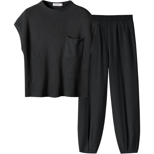 ANRABESS Women's Two Piece Outfits Knit Sweater Vest Crop Top Pants Lounge Matching Tracksuit Sweatsuit Travel Clothes Sets
