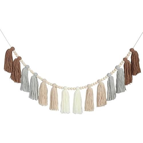 DrCor Boho Beige Tassel Garland – Handmade Neutral Cotton Yarn with Wood Beads for Nursery, Girls Room, Classroom, Baby Shower, Western Chic Party, or Back to School Decor