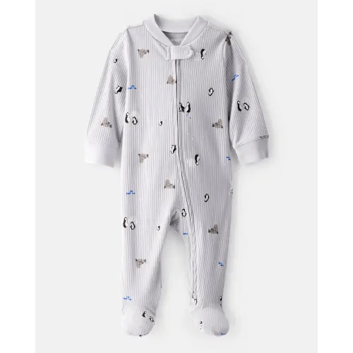 Baby Penguin Print Cotton Long-Sleeve Sleep & Play Pajamas - Grey | Carter's