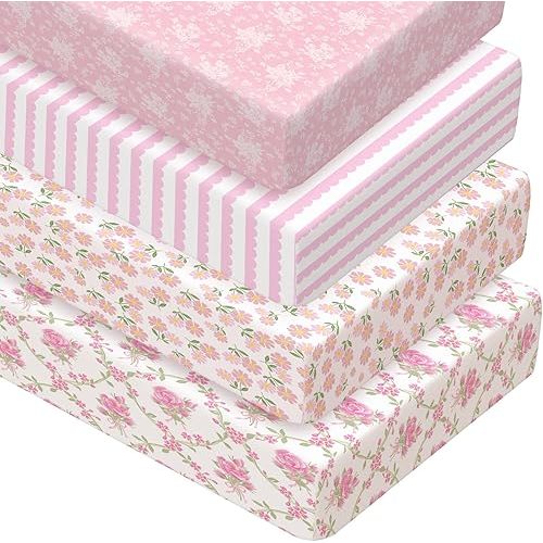 Peryiter 4 Pack Crib Sheets for Baby Pink Flower Soft Baby Bed Sheet Set 52'' x 28" Nursery Crib Sheets for Standard Bed Toddler Mattress Nursery Decor Boys Girls Kids