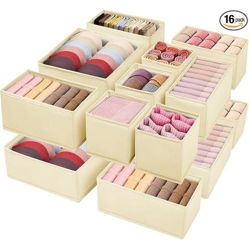 Drawer Clothing Organizer 16-Pack, Beige 3-Size Underwear Drawer Dividers, Fabric Folding Wardrobe Organizer for Baby Clothes, Bras, Underwear, Panties, Belts, Socks, Ties, etc.