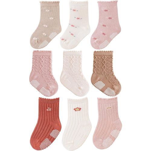 Baby Crew Socks,Grips Combed Cotton Socks Toddler Non-Skid for Girls,Boys Non Slip/Anti Skid 9-Pack - 12-24 Months - Girls2-9 Pairs