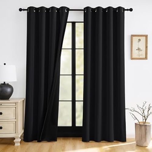 RYB HOME 100% Blackout Black Curtains for Bedroom Living Room 84 inch Long