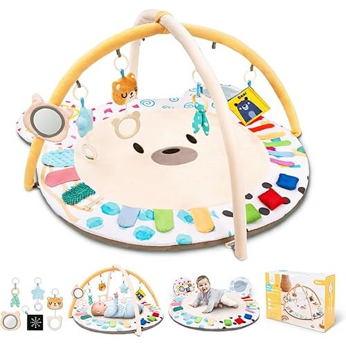 Baby Play Gym, Thickened and Non Slip Activity Mat, 5 Developmental Zones Tummy Time Mat with 5 Detachable Sensory Toys for Motor Skills, Baby Essentials Shower Gift Box(Bear)