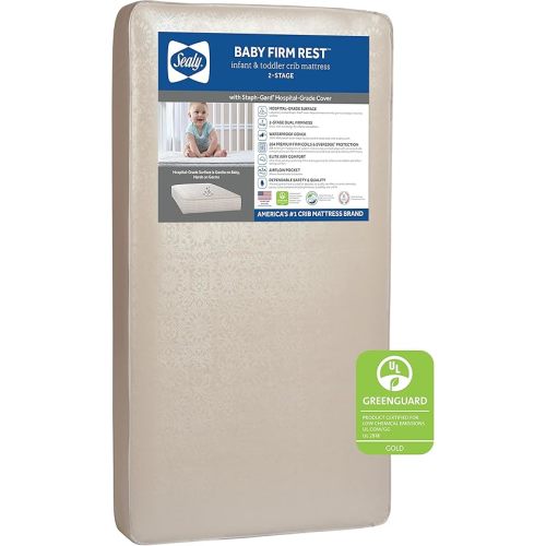 Sealy Baby Firm Rest Antibacterial 2-Stage Dual Firmness Waterproof Baby Crib Mattress & Toddler Bed Mattress, 204 Premium Coils, Medical-Grade Surface, Hypoallergenic, Made in USA, 52"X28"