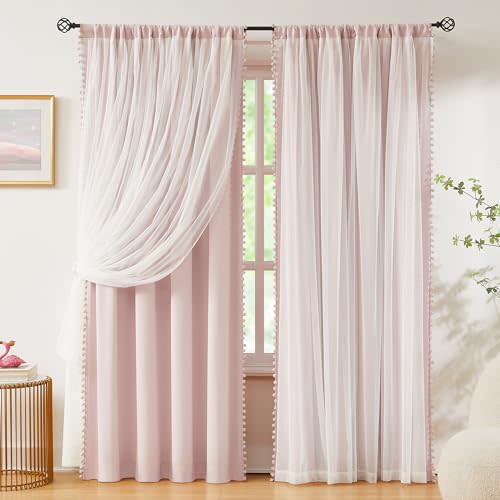 Pink Blackout Curtains with Sheer Overlay for Bedroom, Mix & Match Double Layer Pom Pom Curtains for Girl Nursery, Living Room, Rod Pocket Thermal Insulated Window Panels with Tiebacks 52W X 84L, 2pcs