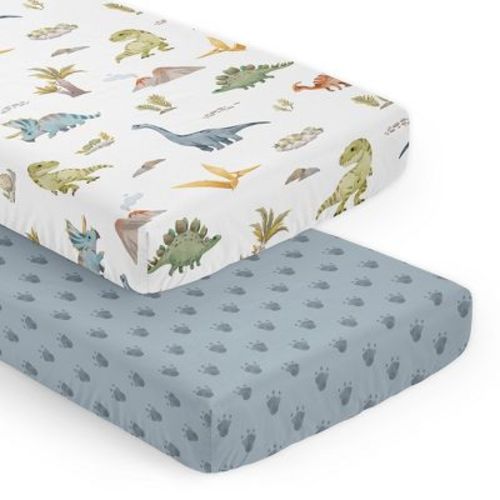 Sweet Jojo Designs Boy Fitted Crib Sheets Set Watercolor Dinosaur Dino Blue Orange And Green 2pc