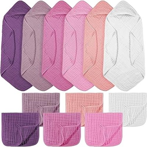 12 Pcs Baby Muslin Hooded Bath Towels and Washcloths, 32 x 32 Inch Muslin Cotton Hooded Baby Towels Absorbent Hooded Blankets for Gift Newborn Infant Shower (Pink Purple Series)