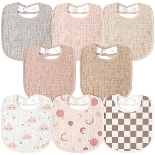 Susurration Muslin Baby Bibs 8 Pack Bandana Drool Bibs, Soft Square Adjustable Baby Drooling Bibs for Unisex Girls & Boys