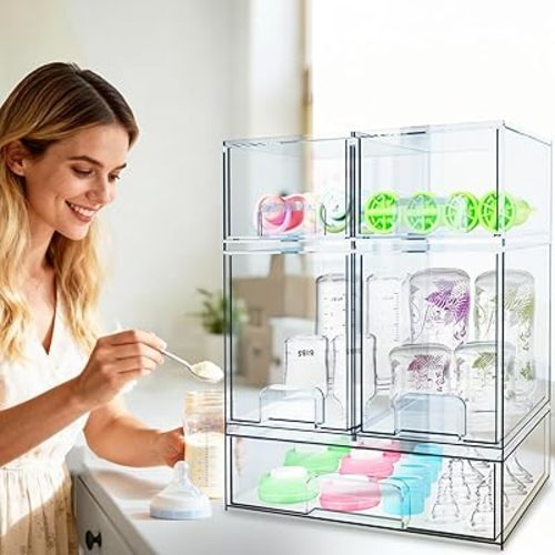 Baby Bottle Organizer for Countertop Cabinet, 5 Pack Space-Saving Stackable Container with Drawer and Handle, Clear Baby Organizers and Storage for Bottles, Pacifiers, Pump Parts