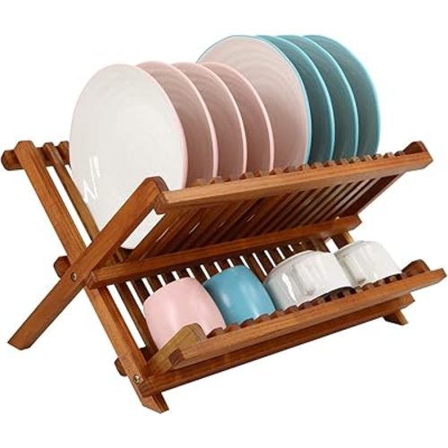 Utoplike Teak Dish Drainer Rack Collapsible 2 Tier Dish Rack Dish Drying Rack Foldable Plate Organizer Holder for Kitchen Compact Countertop