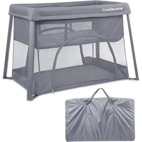 Pack and Play with Bassinet & Mattress, Lightweight Portable Baby Bed, Foldable Travel Bassinet Playard with Storage Bag, Easy Setup Playpen for Babies & Toddlers (Grey)