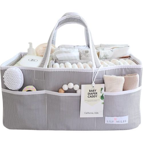 Lily Miles Baby Diaper Caddy Organizer, Baby Shower Basket for Newborn Boys or Girls, Nursery Must Haves for New Mom, Registry Favorites, Large Storage Tote for Changing Table or Car, Gray