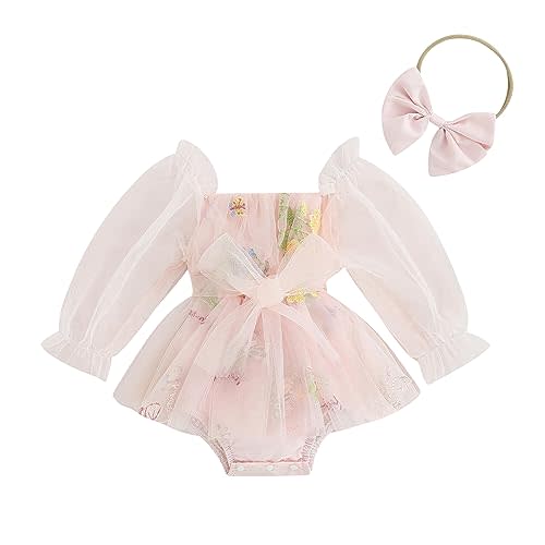 FYBITBO Newborn Baby Girl Romper Dress Floral Bowknot Long Puff Sleeve Layered Tulle Tutu Bodysuit Jumpsuit with Headband Set