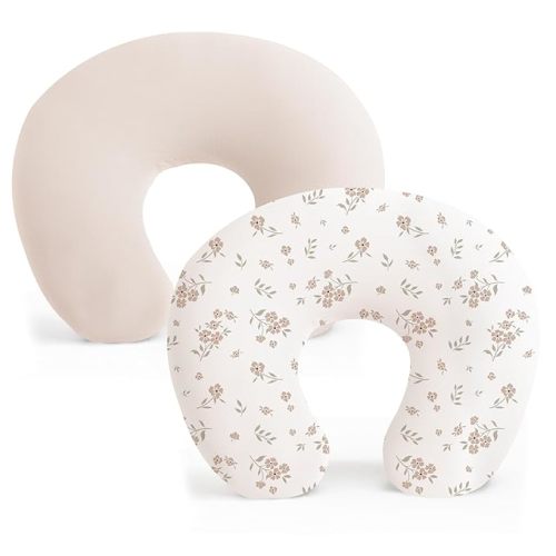 Konssy 2 Pack Nursing Pillow Covers, Stretchy and Soft Nursing Cover for Breastfeeding, Pillow Slipcover for Baby Girls Boys Newborn (Beige, Blossom)