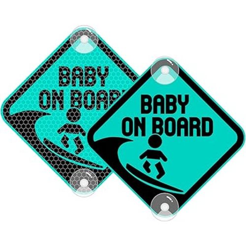Baby On Board Surf Sticker - Reflective PVC Car Decal with Suction Cups, Double-Side Baby Safety Warning Sign, 4.72x4.72 in (Mint Green)