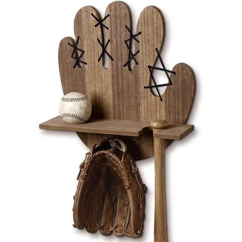 AceOrbit Baseball Bat Holder and Ball Display Rack Wall Mount Shelf Palm Wooden Sports Memorabilia and Collectibles Rustic Floating Storage Rack Hanger Storage Organizer
