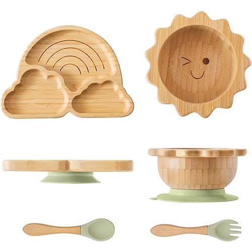 Bamboo Suction Plates Bowls Set for Baby Toddler Divided Platter Food bowl with Silicone Fork & Spoon All-Natural Baby Feeding Set for Baby-Led Weaning, Non-Slip Design