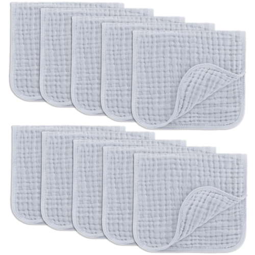 Comfy Cubs Muslin Burp Cloths - Large 100% Cotton Washcloths, 6 Layers (Slate, 10-Pack, 20"X10")