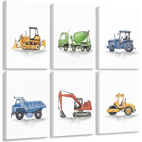 Boys Truck Wall Art Set of 6 Truck Vehicle Canvas Wall Art Decor Toddler Construction Wall Art Watercolor Truck Pictures Kids Playroom Art Prints Nursery Artwork for Bedroom 8x10 Inch Ready to Hang