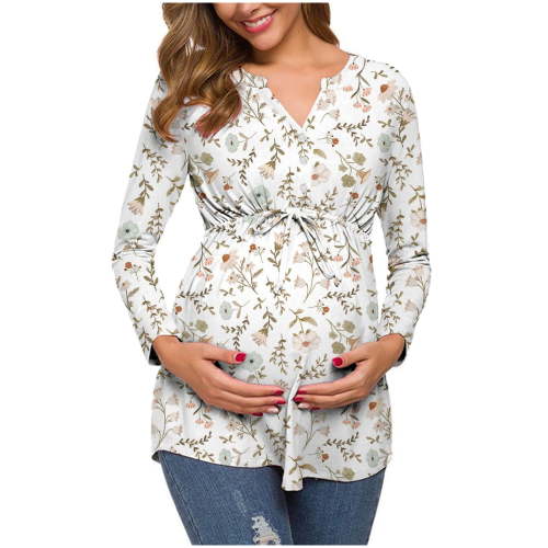 Summer Savings Clearance! Edvintorg Nursing Clothes For Women Breastfeeding Fashion Flowers Leaf Print Long Sleeve Waistband Maternity Nursing Top Pregnant Clothes