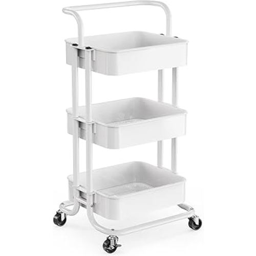 Pipishell 3 Tier Mesh Utility Cart, Rolling Metal Organization Cart with Handle and Lockable Wheels, Multifunctional Storage Shelves for Kitchen Living Room Office White