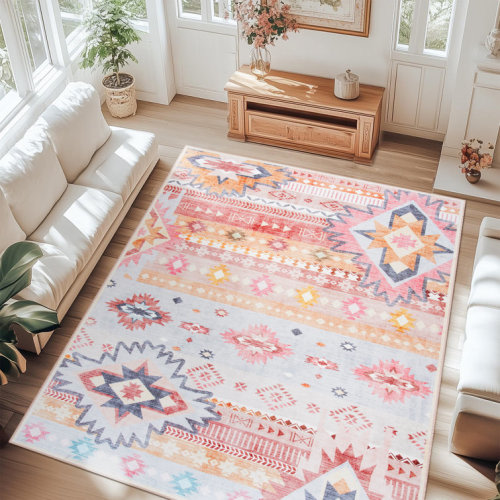 WymondMachine Washable Moroccan Area Rug Aztec Geometric Carpet With Non-Slip Backing