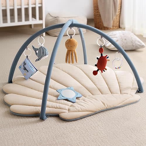Blissful Diary Shell Baby Play Gym Mat, Softer & Enlarged Tummy Time Mat w 6 Detachable Toys for Sensory & Motor Skill Development, Activity Mat for Newborn Essentials Shower Gift, Boho Ocean Theme