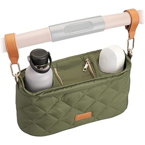 Beautiful Stroller Caddy Organizer With 2 Cup Holders – Luxury Quilted Stroller Organizer Bag, Universal Fit, Leather Straps & Zipper Pocket – Lightweight, Wipeable Must-Have Accessories for Moms